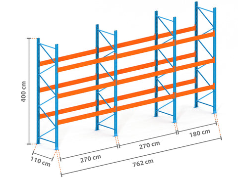 7.6m Palettenregal mit 15.000kg Feldlast | 110cm tief | 4.0m hoch | 3 Ebenen für 32 Europaletten