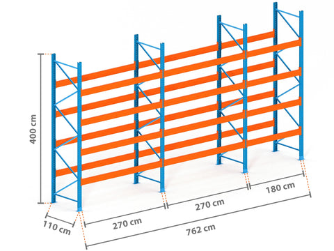 7.6m Palettenregal mit 15.000kg Feldlast | 110cm tief | 4.0m hoch | 4 Ebenen für 40 Europaletten