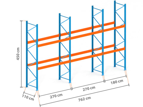 7.6m Palettenregal mit 15.000kg Feldlast | 110cm tief | 4.5m hoch | 2 Ebenen für 24 Europaletten