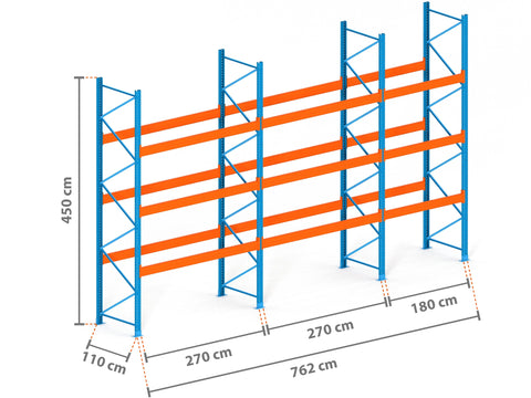 7.6m Palettenregal mit 15.000kg Feldlast | 110cm tief | 4.5m hoch | 3 Ebenen für 32 Europaletten