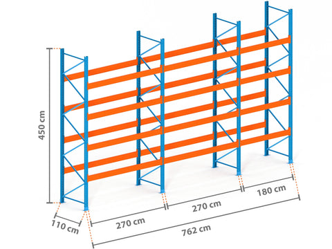 7.6m Palettenregal mit 15.000kg Feldlast | 110cm tief | 4.5m hoch | 4 Ebenen für 40 Europaletten