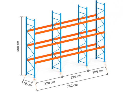 7.6m Palettenregal mit 15.000kg Feldlast | 110cm tief | 5.0m hoch | 3 Ebenen für 32 Europaletten