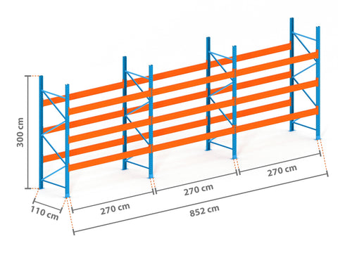 8.5m Palettenregal mit 15.000kg Feldlast | 110cm tief | 3.0m hoch | 3 Ebenen für 36 Europaletten
