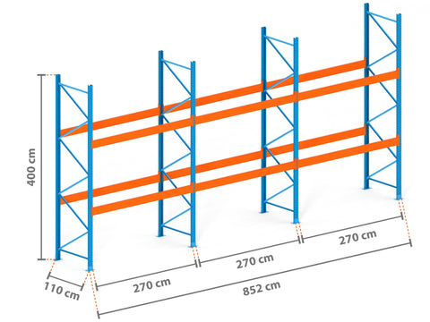 8.5m Palettenregal mit 15.000kg Feldlast | 110cm tief | 4.0m hoch | 2 Ebenen für 27 Europaletten