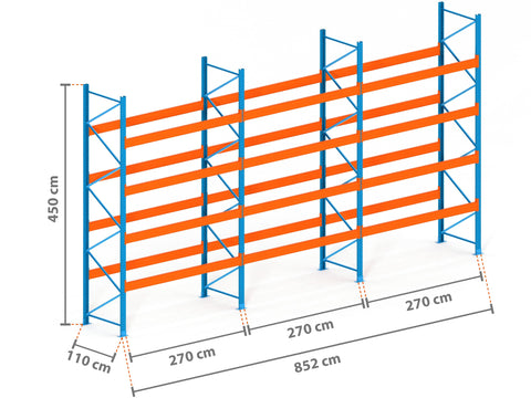 8.5m Palettenregal mit 15.000kg Feldlast | 110cm tief | 4.5m hoch | 4 Ebenen für 45 Europaletten