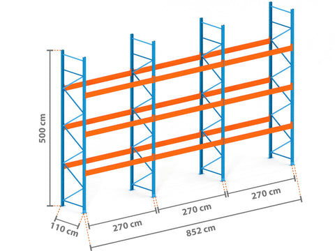 8.5m Palettenregal mit 15.000kg Feldlast | 110cm tief | 5.0m hoch | 3 Ebenen für 36 Europaletten