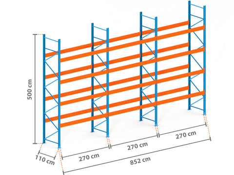 8.5m Palettenregal mit 15.000kg Feldlast | 110cm tief | 5.0m hoch | 4 Ebenen für 45 Europaletten