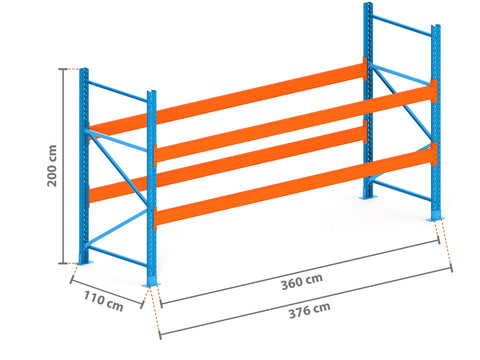 3.8m Palettenregal mit 4.500kg Feldlast | 110cm tief | 2.0m hoch | 2 Ebenen für 12 Europaletten