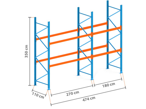 4.7m Palettenregal mit 6000kg Feldlast | 110cm tief | 3.5m hoch | 2 Ebenen für 15 Europaletten