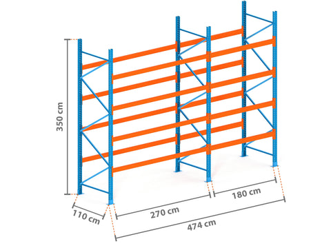4.7m Palettenregal mit 6000kg Feldlast | 110cm tief | 3.5m hoch | 4 Ebenen für 25 Europaletten