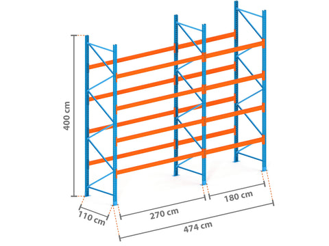 4.7m Palettenregal mit 6000kg Feldlast | 110cm tief | 4.0m hoch | 4 Ebenen für 25 Europaletten