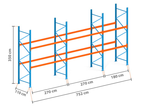 7.5m Palettenregal mit 4.500kg Feldlast | 110cm tief | 3.5m hoch | 2 Ebenen für 24 Europaletten