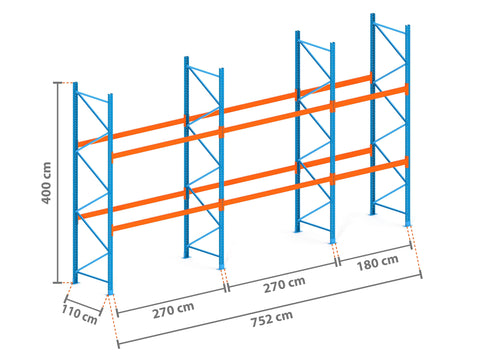 7.5m Palettenregal mit 4.500kg Feldlast | 110cm tief | 4.0m hoch | 2 Ebenen für 24 Europaletten
