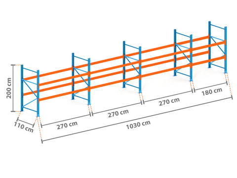 10.3m Palettenregal mit 4.500kg Feldlast | 110cm tief | 2.0m hoch | 2 Ebenen für 33 Europaletten