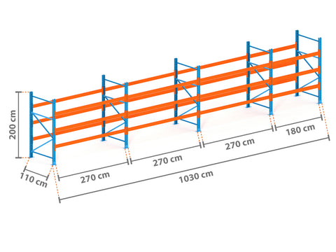 10.3m Palettenregal mit 4.500kg Feldlast | 110cm tief | 2.0m hoch | 3 Ebenen für 44 Europaletten