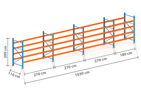 10.3m Palettenregal mit 4.500kg Feldlast | 110cm tief | 2.0m hoch | 4 Ebenen für 55 Europaletten