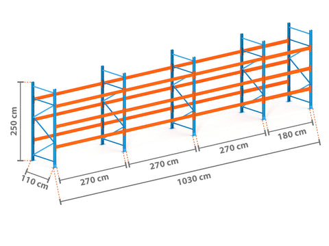 10.3m Palettenregal mit 4.500kg Feldlast | 110cm tief | 2.5m hoch | 3 Ebenen für 44 Europaletten