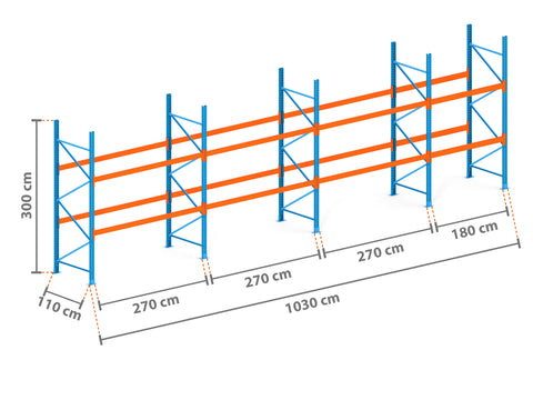 10.3m Palettenregal mit 4.500kg Feldlast | 110cm tief | 3.0m hoch | 2 Ebenen für 33 Europaletten