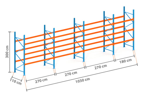 10.3m Palettenregal mit 4.500kg Feldlast | 110cm tief | 3.0m hoch | 3 Ebenen für 44 Europaletten