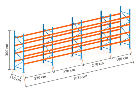 10.3m Palettenregal mit 4.500kg Feldlast | 110cm tief | 3.0m hoch | 4 Ebenen für 55 Europaletten
