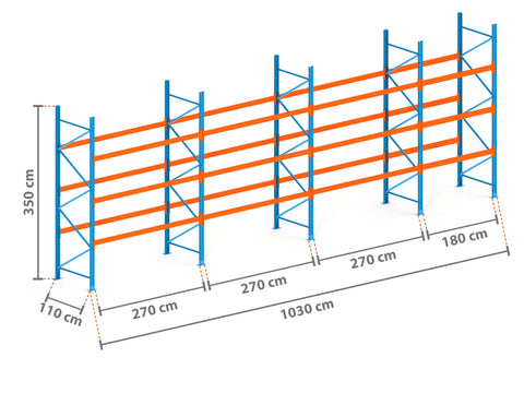 10.3m Palettenregal mit 4.500kg Feldlast | 110cm tief | 3.5m hoch | 3 Ebenen für 44 Europaletten