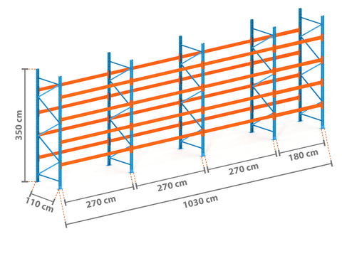 10.3m Palettenregal mit 4.500kg Feldlast | 110cm tief | 3.5m hoch | 4 Ebenen für 55 Europaletten