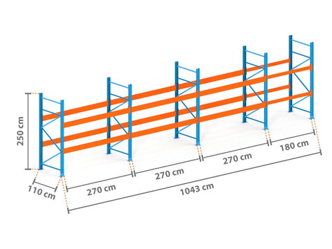 10.4m Palettenregal mit 9.000kg Feldlast | 110cm tief | 2.5m hoch | 2 Ebenen für 33 Europaletten