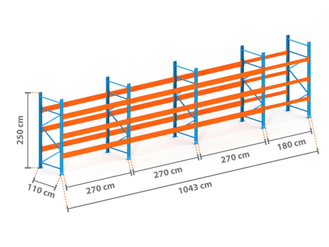 10.4m Palettenregal mit 9.000kg Feldlast | 110cm tief | 2.5m hoch | 3 Ebenen für 44 Europaletten