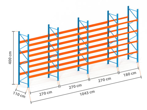 10.4m Palettenregal mit 9.000kg Feldlast | 110cm tief | 4.0m hoch | 4 Ebenen für 55 Europaletten
