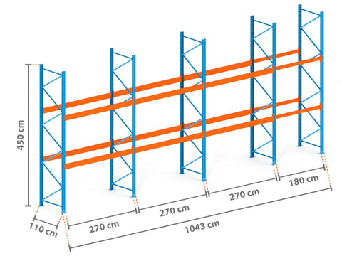 10.4m Palettenregal mit 9.000kg Feldlast | 110cm tief | 4.5m hoch | 2 Ebenen für 33 Europaletten