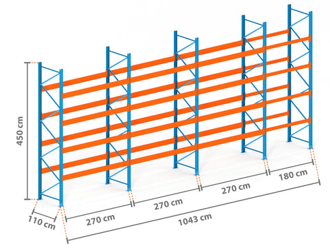 10.4m Palettenregal mit 9.000kg Feldlast | 110cm tief | 4.5m hoch | 4 Ebenen für 55 Europaletten