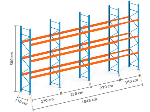 10.4m Palettenregal mit 9.000kg Feldlast | 110cm tief | 5.0m hoch | 3 Ebenen für 44 Europaletten