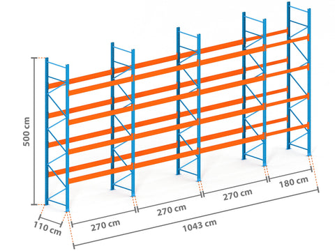 10.4m Palettenregal mit 9.000kg Feldlast | 110cm tief | 5.0m hoch | 4 Ebenen für 55 Europaletten