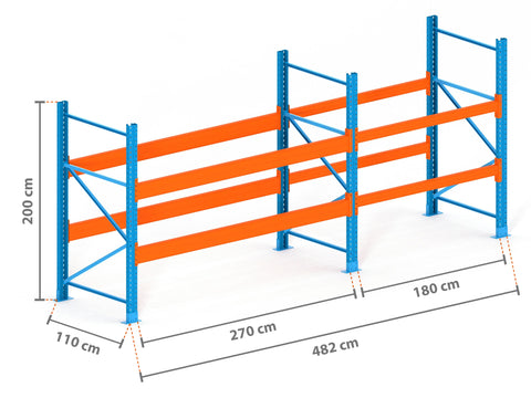4.8m Palettenregal mit 9.000kg Feldlast | 110cm tief | 2.0m hoch | 2 Ebenen für 15 Europaletten