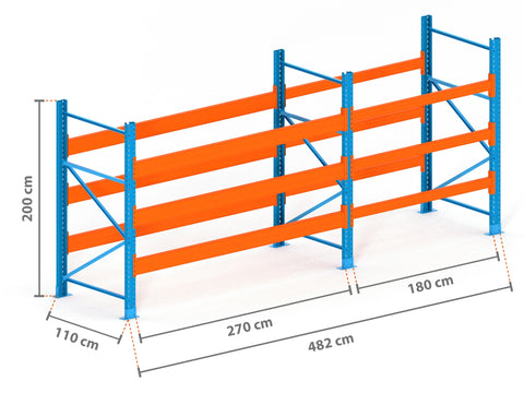 4.8m Palettenregal mit 9.000kg Feldlast | 110cm tief | 2.0m hoch | 3 Ebenen für 20 Europaletten