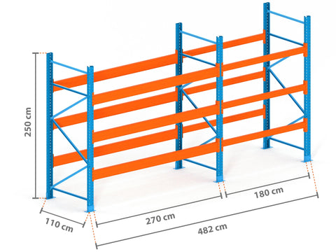4.8m Palettenregal mit 9.000kg Feldlast | 110cm tief | 2.5m hoch | 3 Ebenen für 20 Europaletten
