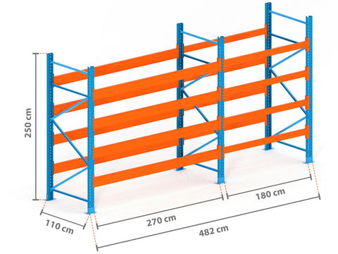 4.8m Palettenregal mit 9.000kg Feldlast | 110cm tief | 2.5m hoch | 4 Ebenen für 25 Europaletten