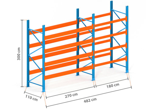 4.8m Palettenregal mit 9.000kg Feldlast | 110cm tief | 3.0m hoch | 4 Ebenen für 25 Europaletten