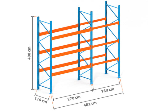 4.8m Palettenregal mit 9.000kg Feldlast | 110cm tief | 4.0m hoch | 3 Ebenen für 20 Europaletten