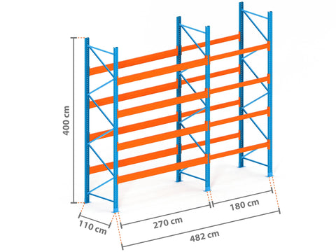 4.8m Palettenregal mit 9.000kg Feldlast | 110cm tief | 4.0m hoch | 4 Ebenen für 25 Europaletten
