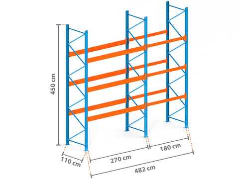 4.8m Palettenregal mit 9.000kg Feldlast | 110cm tief | 4.5m hoch | 3 Ebenen für 20 Europaletten