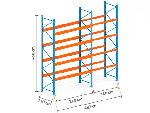4.8m Palettenregal mit 9.000kg Feldlast | 110cm tief | 4.5m hoch | 4 Ebenen für 25 Europaletten