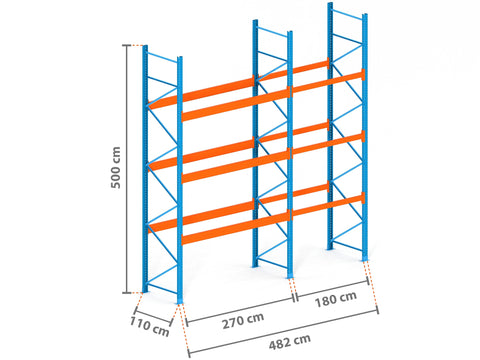 4.8m Palettenregal mit 9.000kg Feldlast | 110cm tief | 5.0m hoch | 3 Ebenen für 20 Europaletten