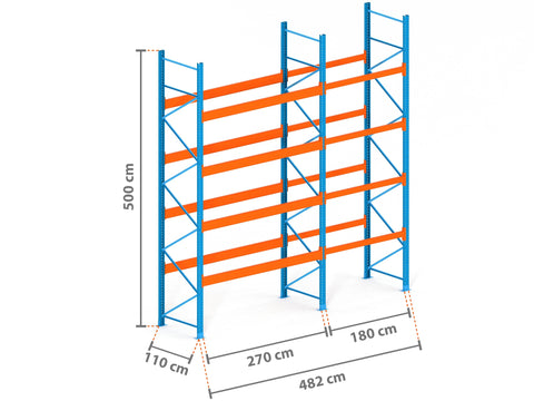 4.8m Palettenregal mit 9.000kg Feldlast | 110cm tief | 5.0m hoch | 4 Ebenen für 25 Europaletten
