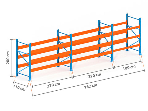7.6m Palettenregal mit 9.000kg Feldlast | 110cm tief | 2.0m hoch | 3 Ebenen für 32 Europaletten