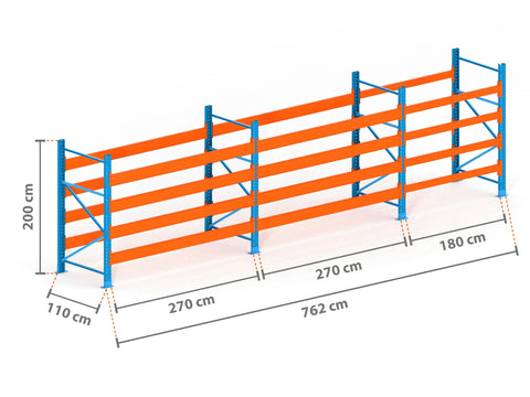 7.6m Palettenregal mit 9.000kg Feldlast | 110cm tief | 2.0m hoch | 4 Ebenen für 40 Europaletten