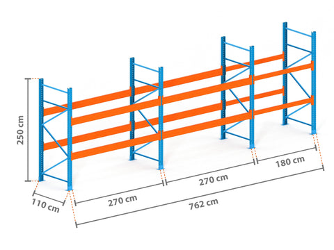 7.6m Palettenregal mit 9.000kg Feldlast | 110cm tief | 2.5m hoch | 2 Ebenen für 24 Europaletten