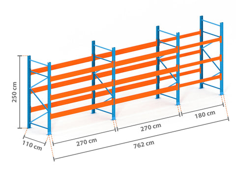 7.6m Palettenregal mit 9.000kg Feldlast | 110cm tief | 2.5m hoch | 3 Ebenen für 32 Europaletten