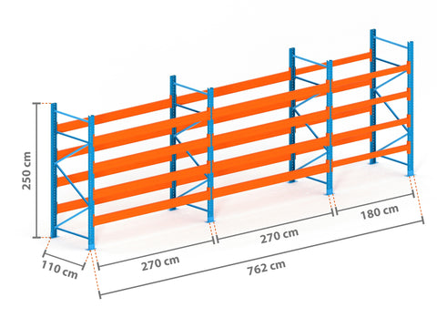 7.6m Palettenregal mit 9.000kg Feldlast | 110cm tief | 2.5m hoch | 4 Ebenen für 40 Europaletten