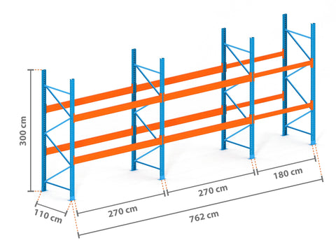 7.6m Palettenregal mit 9.000kg Feldlast | 110cm tief | 3.0m hoch | 2 Ebenen für 24 Europaletten